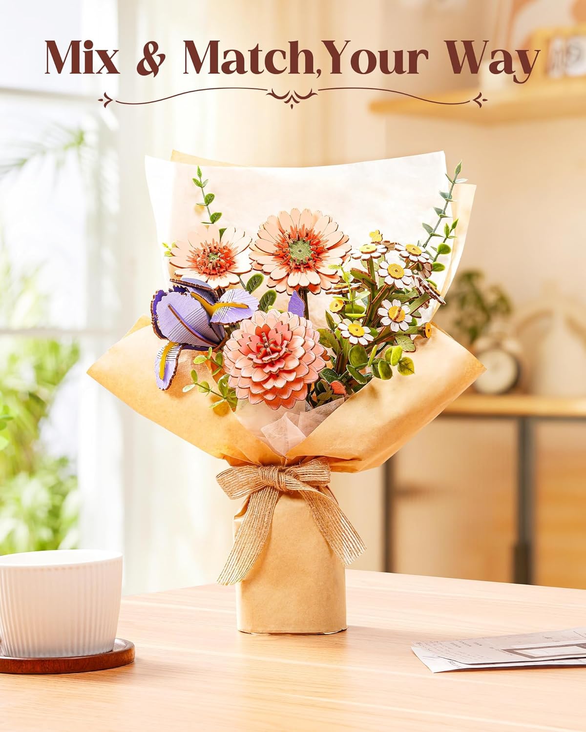 Rowood 3D Puzzle,Mother's Day DIY Wooden Flower Building Craft Kits for Adults,Botannical Collection Home Decor,Christmas/Birthday/Teacher's Day/Valentine's Day Gift- Pink Dahlia