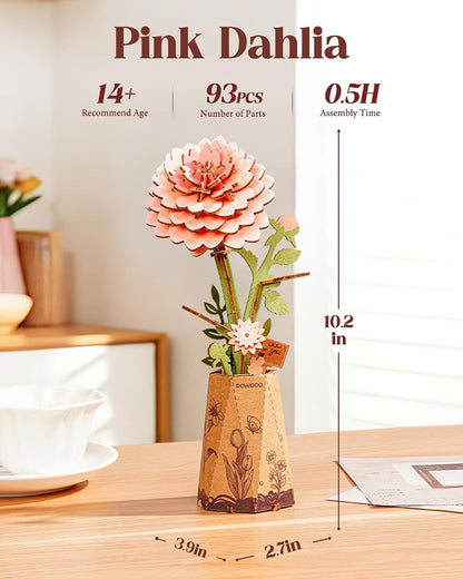 Rowood 3D Puzzle,Mother's Day DIY Wooden Flower Building Craft Kits for Adults,Botannical Collection Home Decor,Christmas/Birthday/Teacher's Day/Valentine's Day Gift- Pink Dahlia