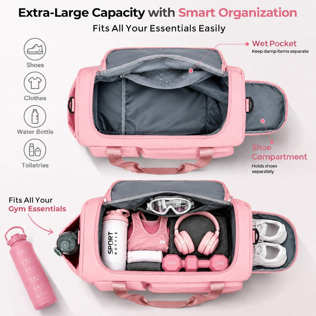 Women's Gym Duffle Bag with Shoes Compartment, 30L Capacity, Ideal for Travel, Gym, Sports, Duffel, Weekender