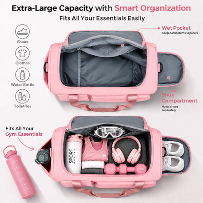 Women's Gym Duffle Bag with Shoes Compartment, 30L Capacity, Ideal for Travel, Gym, Sports, Duffel, Weekender