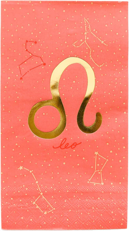 Zodiac Guest Napkins - Leo Astrological Sign Design - Peach with Gold Details - Pack of 16 - Disposable Paper Napkins for Birthdays, Parties and Celebrations