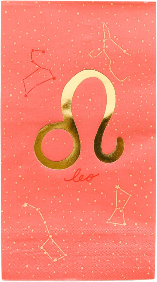 Zodiac Guest Napkins - Leo Astrological Sign Design - Peach with Gold Details - Pack of 16 - Disposable Paper Napkins for Birthdays, Parties and Celebrations