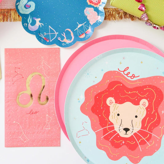 Zodiac Guest Napkins - Leo Astrological Sign Design - Peach with Gold Details - Pack of 16 - Disposable Paper Napkins for Birthdays, Parties and Celebrations