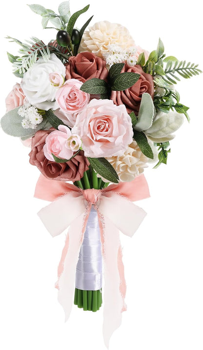 Dusty Pink Wedding Bouquet,Fake Wedding Bouquets for Bride Bridesmaid Artificial Flowers Artificial Roses Flower Bouquets Bride Decorations Fake Roses Bouquets Bridal Wedding Shower Decorations