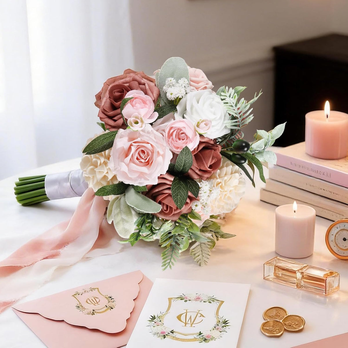 Dusty Pink Wedding Bouquet,Fake Wedding Bouquets for Bride Bridesmaid Artificial Flowers Artificial Roses Flower Bouquets Bride Decorations Fake Roses Bouquets Bridal Wedding Shower Decorations