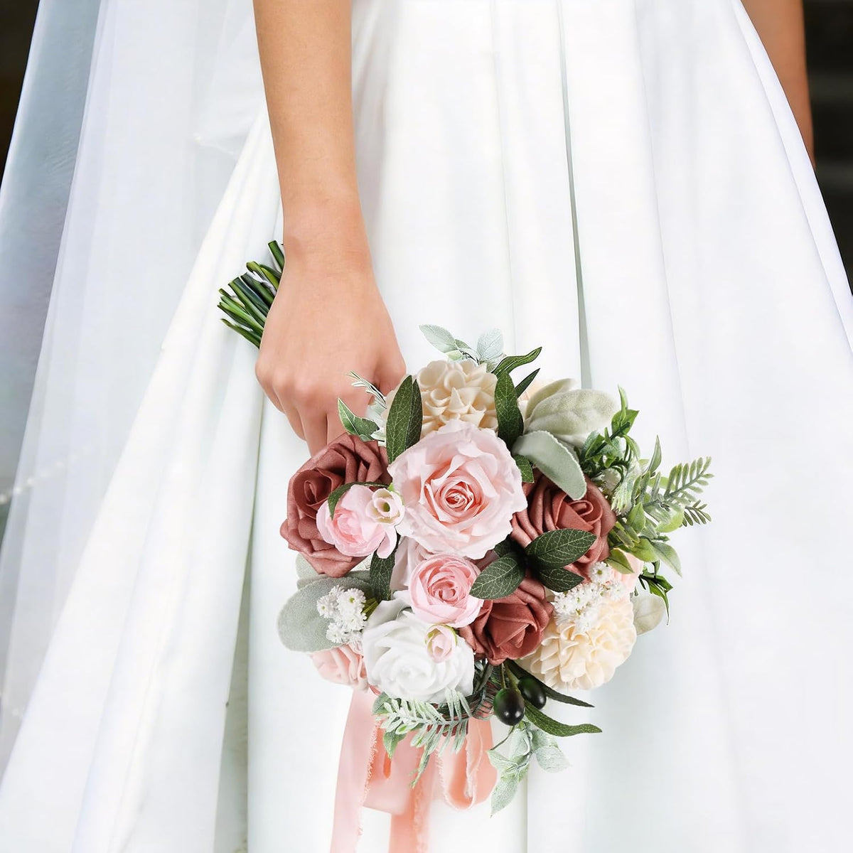 Dusty Pink Wedding Bouquet,Fake Wedding Bouquets for Bride Bridesmaid Artificial Flowers Artificial Roses Flower Bouquets Bride Decorations Fake Roses Bouquets Bridal Wedding Shower Decorations