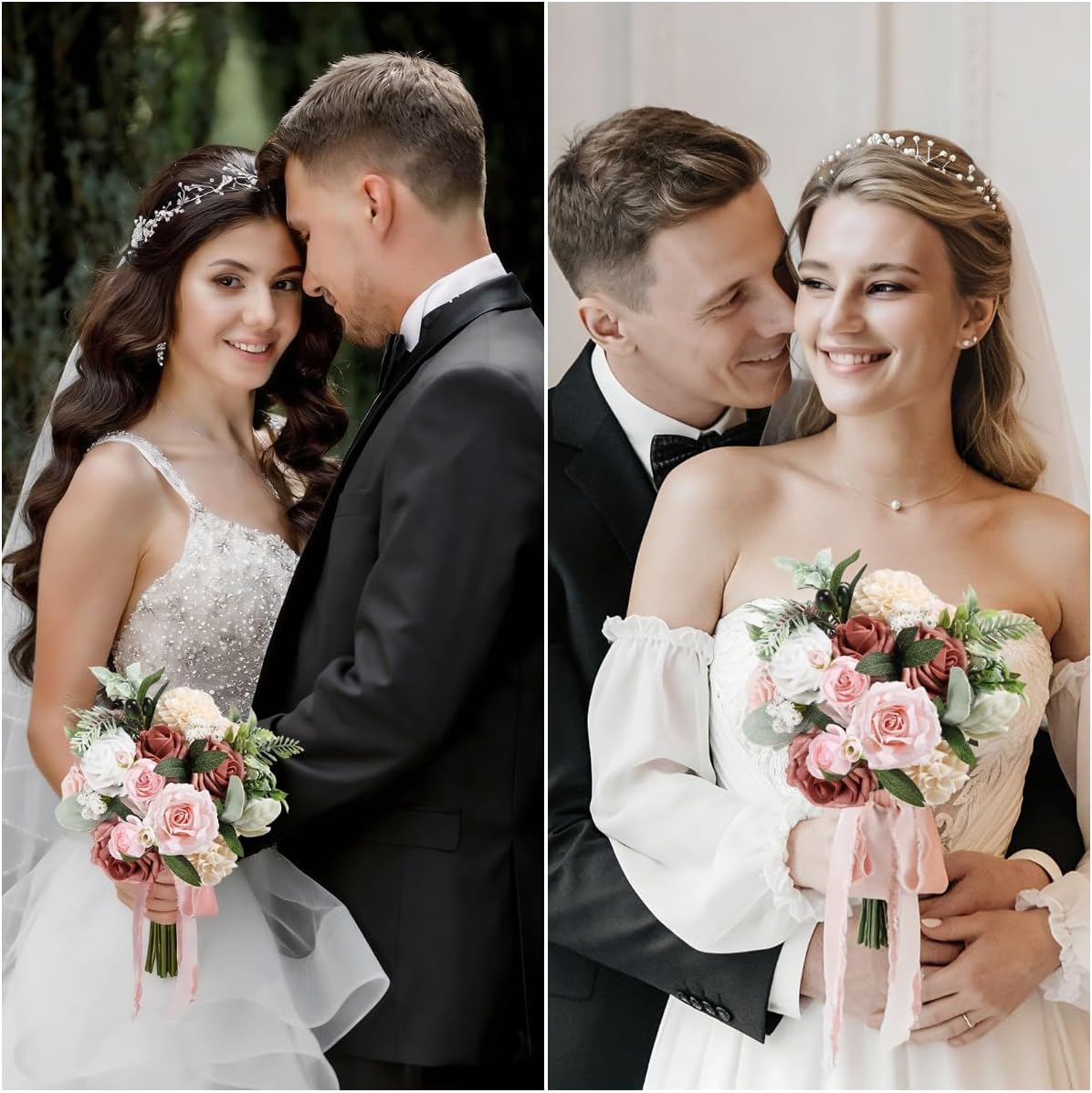 Dusty Pink Wedding Bouquet,Fake Wedding Bouquets for Bride Bridesmaid Artificial Flowers Artificial Roses Flower Bouquets Bride Decorations Fake Roses Bouquets Bridal Wedding Shower Decorations