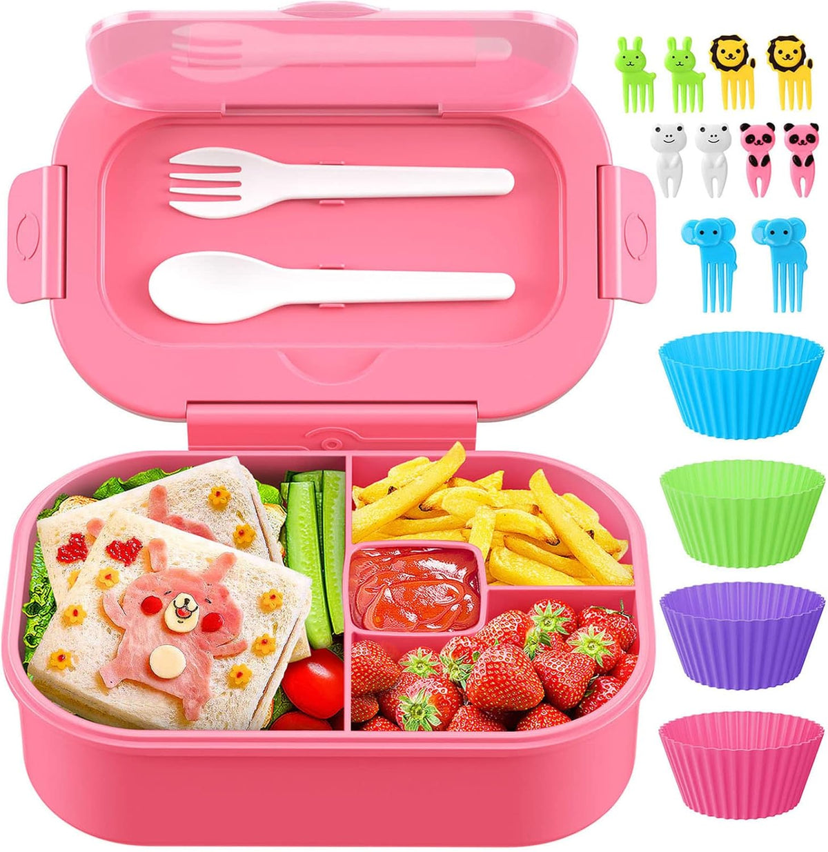 Bento Box, 44oz 4 Compartment Lunch Container with Cutlery for Kid/Adult