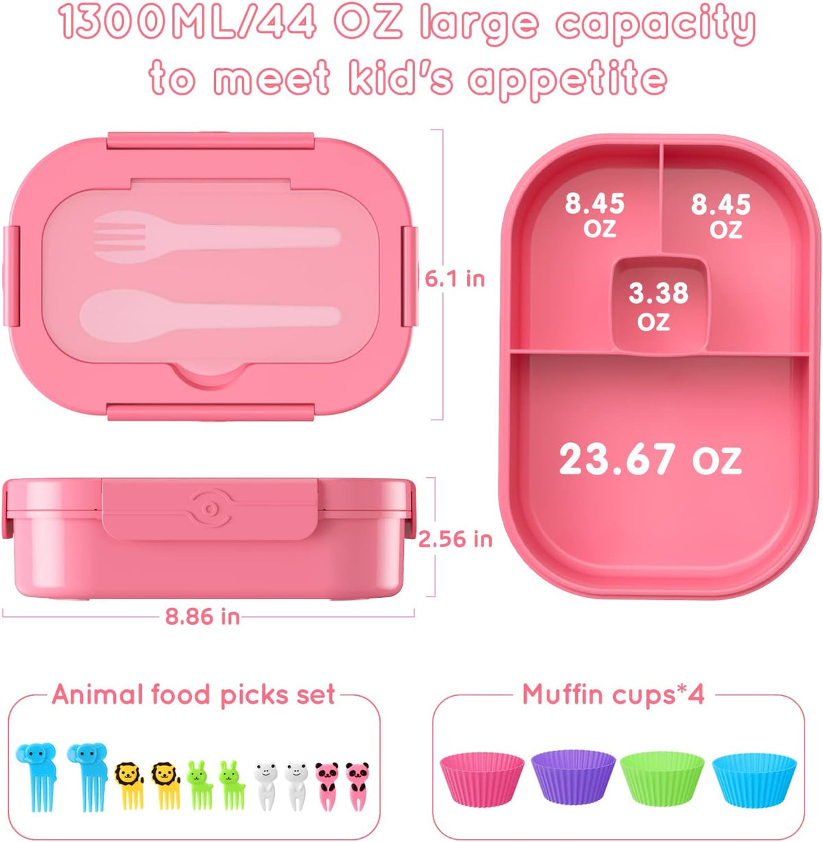 Bento Box, 44oz 4 Compartment Lunch Container with Cutlery for Kid/Adult