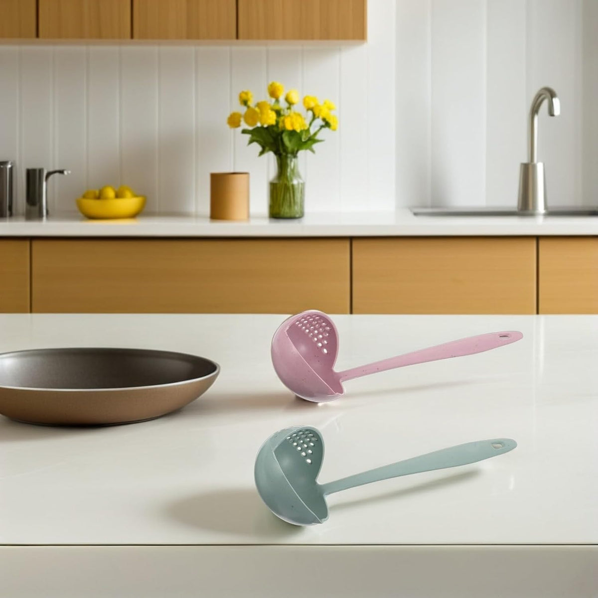 6pcs Plastic 2-in-1 Soup Ladle and Strainer Spoon Set with Long Handle, Wheat Straw Fiber Kitchen Utensils for Hot Pot Serving and Draining, Pink and Light Green Tableware