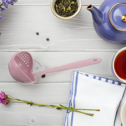 6pcs Plastic 2-in-1 Soup Ladle and Strainer Spoon Set with Long Handle, Wheat Straw Fiber Kitchen Utensils for Hot Pot Serving and Draining, Pink and Light Green Tableware