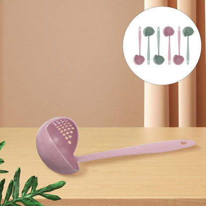 6pcs Plastic 2-in-1 Soup Ladle and Strainer Spoon Set with Long Handle, Wheat Straw Fiber Kitchen Utensils for Hot Pot Serving and Draining, Pink and Light Green Tableware