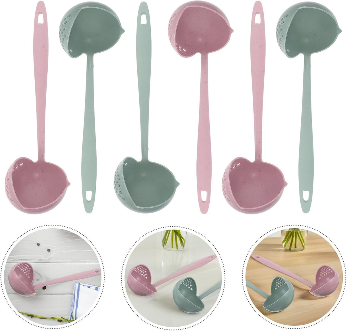 6pcs Plastic 2-in-1 Soup Ladle and Strainer Spoon Set with Long Handle, Wheat Straw Fiber Kitchen Utensils for Hot Pot Serving and Draining, Pink and Light Green Tableware