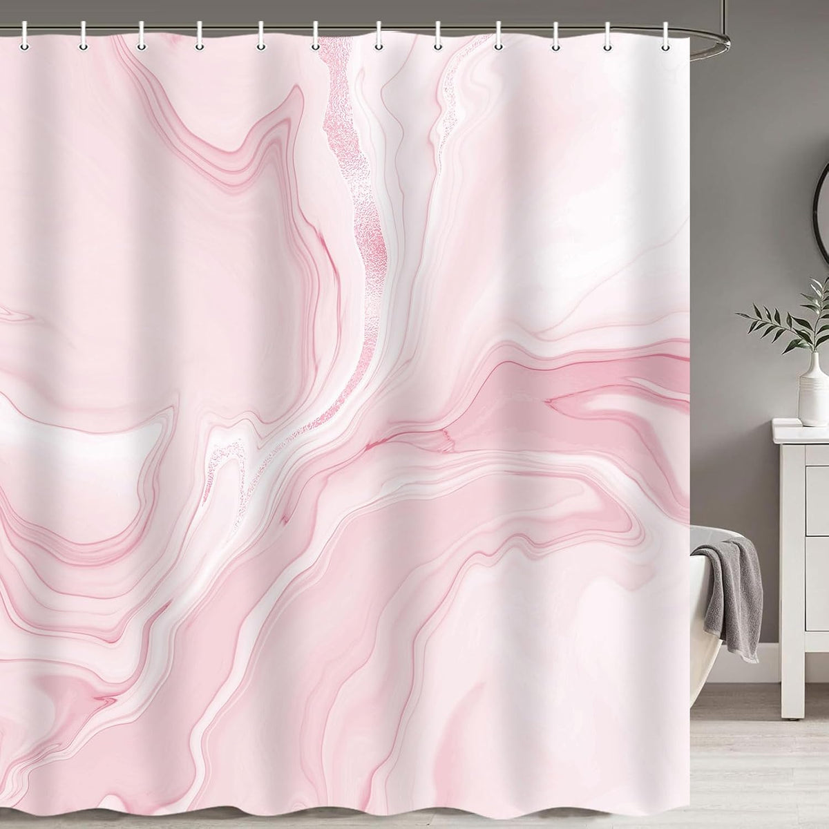 Pink Marble Shower Curtain, Abstract Modern Shower Curtains for Bathroom Decor, Aesthetic Ink Art Chic Elegant Waterproof Fabric Shower Curtain Set with Hooks, 72x72 Inch