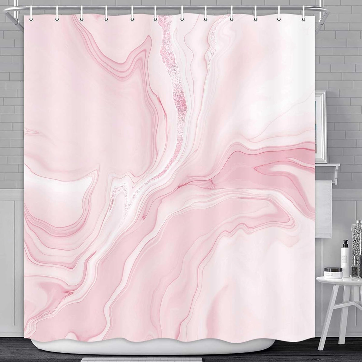 Pink Marble Shower Curtain, Abstract Modern Shower Curtains for Bathroom Decor, Aesthetic Ink Art Chic Elegant Waterproof Fabric Shower Curtain Set with Hooks, 72x72 Inch