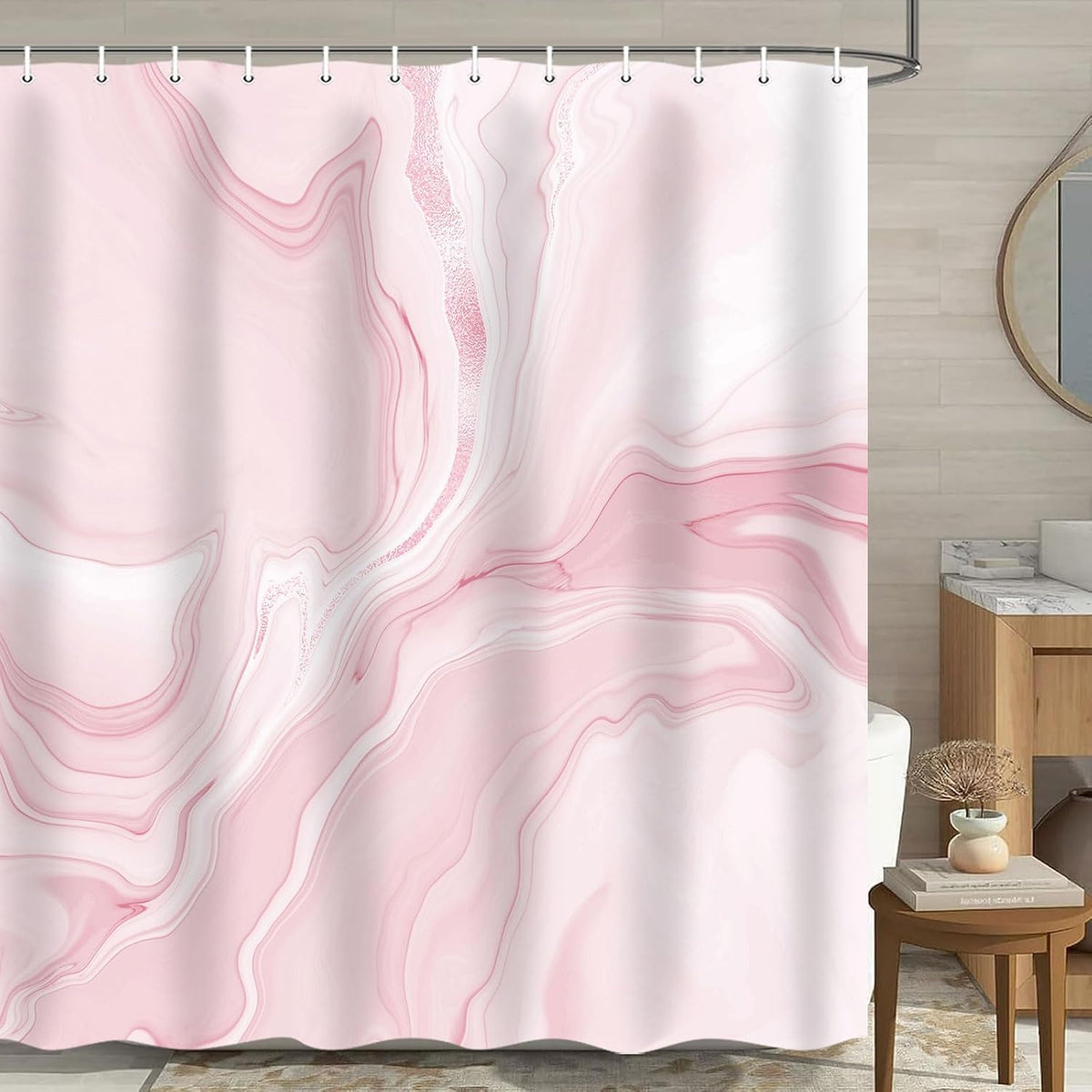 Pink Marble Shower Curtain, Abstract Modern Shower Curtains for Bathroom Decor, Aesthetic Ink Art Chic Elegant Waterproof Fabric Shower Curtain Set with Hooks, 72x72 Inch