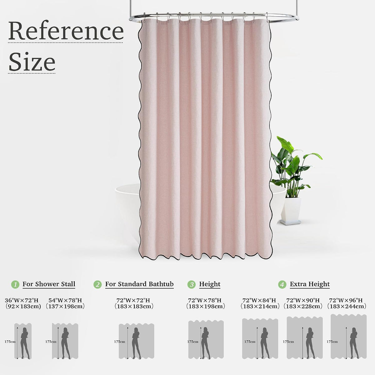 Pink Shower Curtain Scalloped, Blush Cute Linen Textured Privacy Boho Heavy Duty Waterproof Washable Shower Curtain Set for Bathroom Home Decor with 12 Metal Hooks, 72 x 72 inches Long