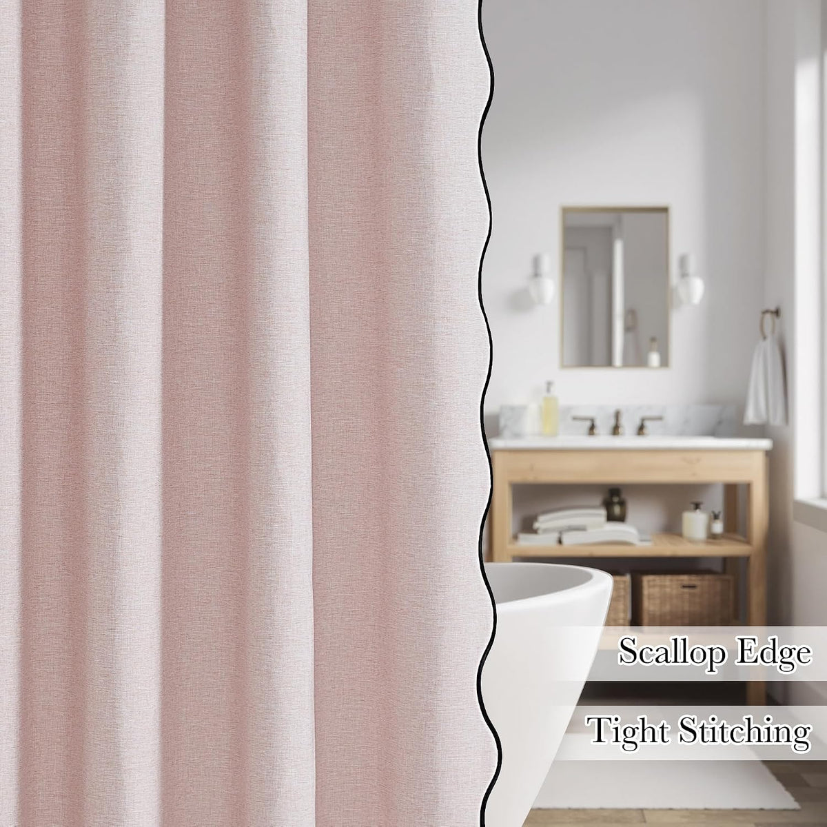 Pink Shower Curtain Scalloped, Blush Cute Linen Textured Privacy Boho Heavy Duty Waterproof Washable Shower Curtain Set for Bathroom Home Decor with 12 Metal Hooks, 72 x 72 inches Long