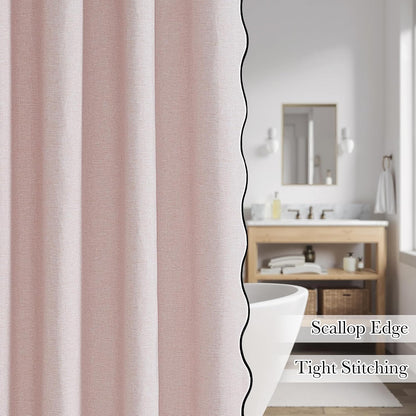 Pink Shower Curtain Scalloped, Blush Cute Linen Textured Privacy Boho Heavy Duty Waterproof Washable Shower Curtain Set for Bathroom Home Decor with 12 Metal Hooks, 72 x 72 inches Long
