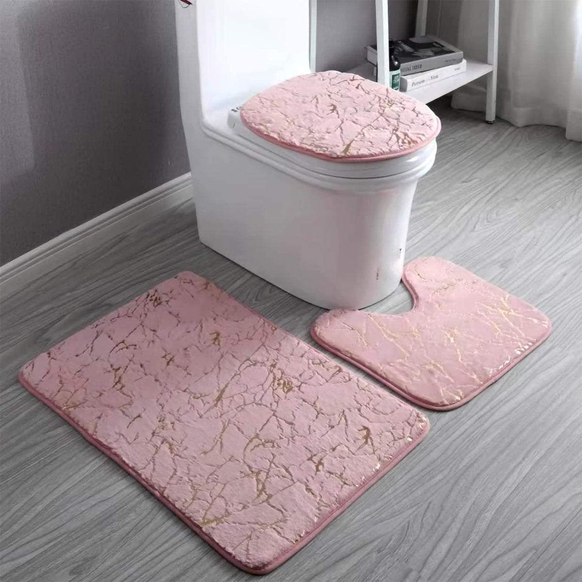 Marble Bathroom Rugs and Mats Set 3 Piece Nonslip Pink Bathroom Mats Soft Washable Bath Mat for Bathroom Floor Mats Carpet Water Absorbent Shower Rug with U-Shaped Contour Rug Toilet Lid Cover