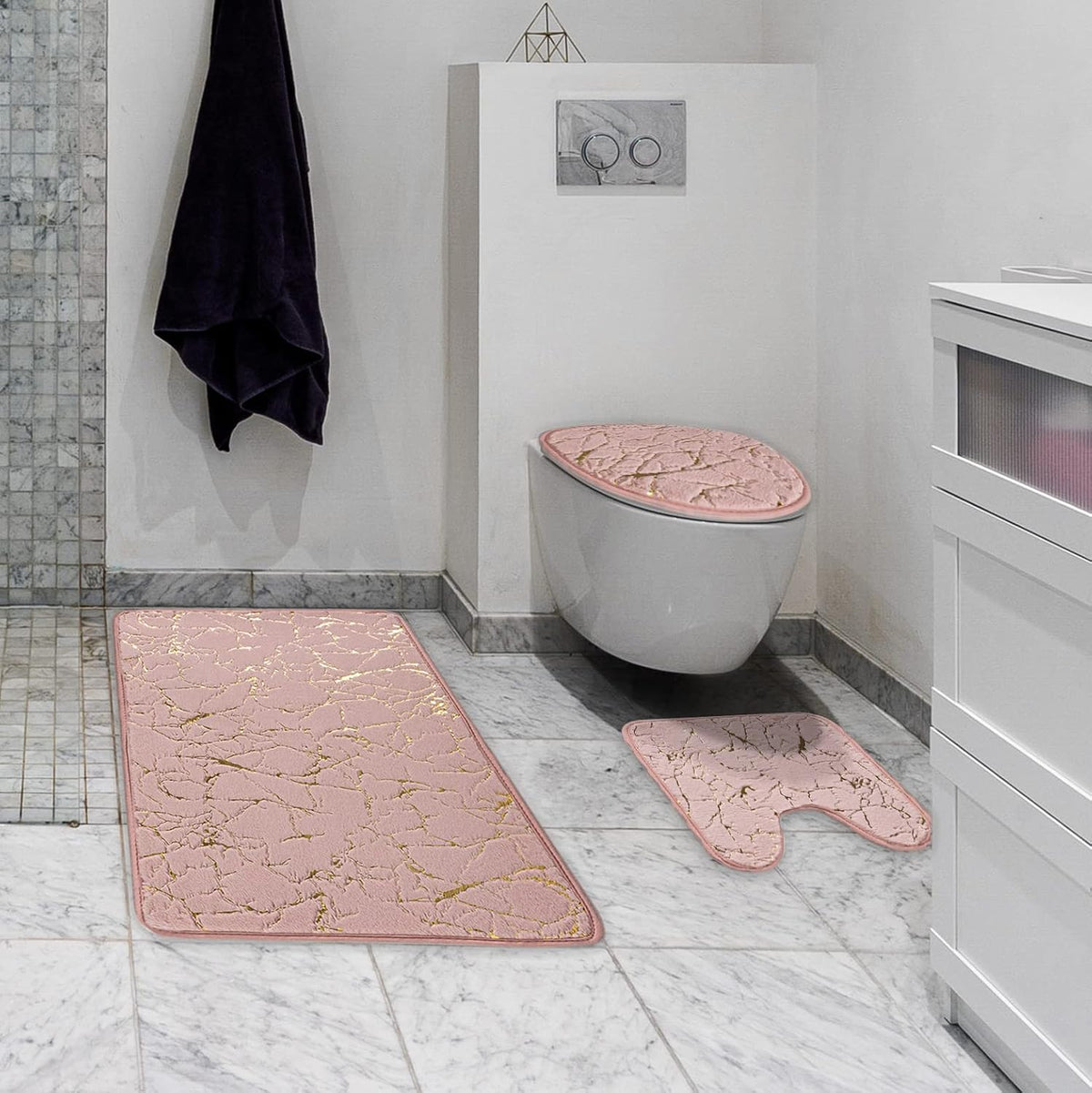 Marble Bathroom Rugs and Mats Set 3 Piece Nonslip Pink Bathroom Mats Soft Washable Bath Mat for Bathroom Floor Mats Carpet Water Absorbent Shower Rug with U-Shaped Contour Rug Toilet Lid Cover