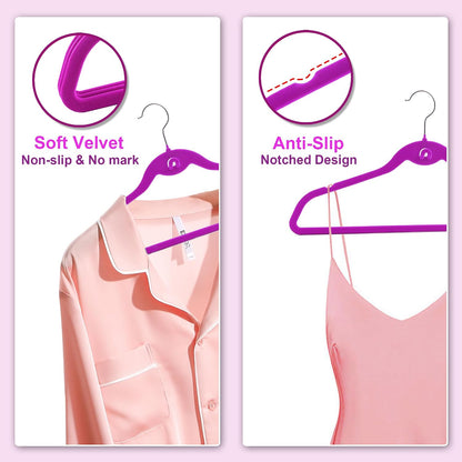 Multi-Color Velvet Hangers 50 Pack with Cascading Hooks, Non-Slip Black, Pink, White, Grey, and Purple Velvet Hangers for Clothes, Suits, and Coats