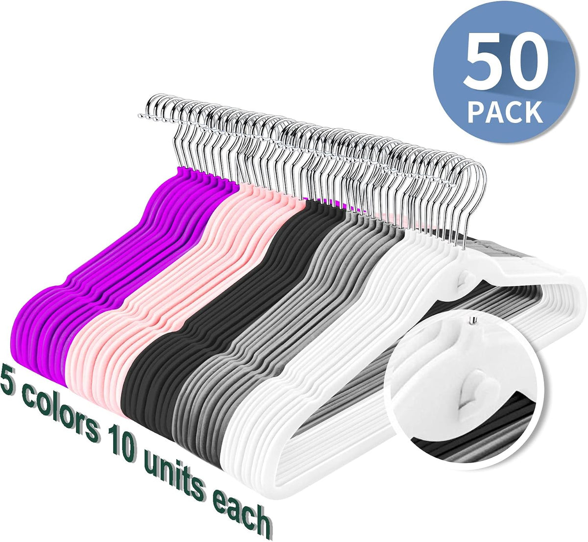 Multi-Color Velvet Hangers 50 Pack with Cascading Hooks, Non-Slip Black, Pink, White, Grey, and Purple Velvet Hangers for Clothes, Suits, and Coats