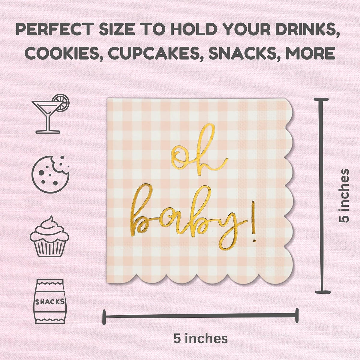 'Oh Baby' Pink Baby Shower Decorations for Girls, Pink Plaid Oh Baby Napkins, Gingham Scalloped It's a Girl Decor, 1st Birthday, Welcome Home, Sprinkles, Pregnancy Announcement, 50 Pack