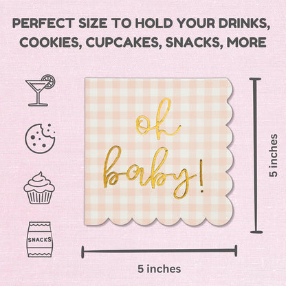 'Oh Baby' Pink Baby Shower Decorations for Girls, Pink Plaid Oh Baby Napkins, Gingham Scalloped It's a Girl Decor, 1st Birthday, Welcome Home, Sprinkles, Pregnancy Announcement, 50 Pack