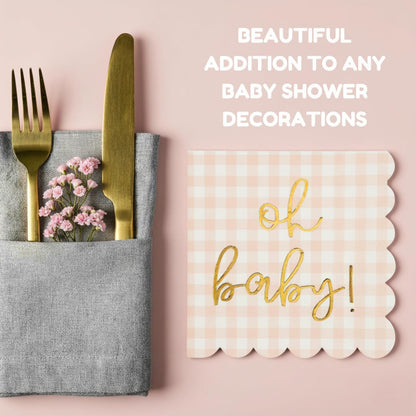 'Oh Baby' Pink Baby Shower Decorations for Girls, Pink Plaid Oh Baby Napkins, Gingham Scalloped It's a Girl Decor, 1st Birthday, Welcome Home, Sprinkles, Pregnancy Announcement, 50 Pack