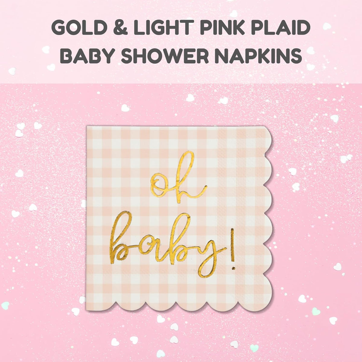 'Oh Baby' Pink Baby Shower Decorations for Girls, Pink Plaid Oh Baby Napkins, Gingham Scalloped It's a Girl Decor, 1st Birthday, Welcome Home, Sprinkles, Pregnancy Announcement, 50 Pack
