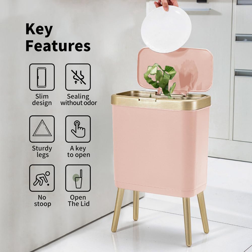 Procade Bathroom Trash Can with Lid,4 Gallon Gold and Pink Garbage Can,Slim