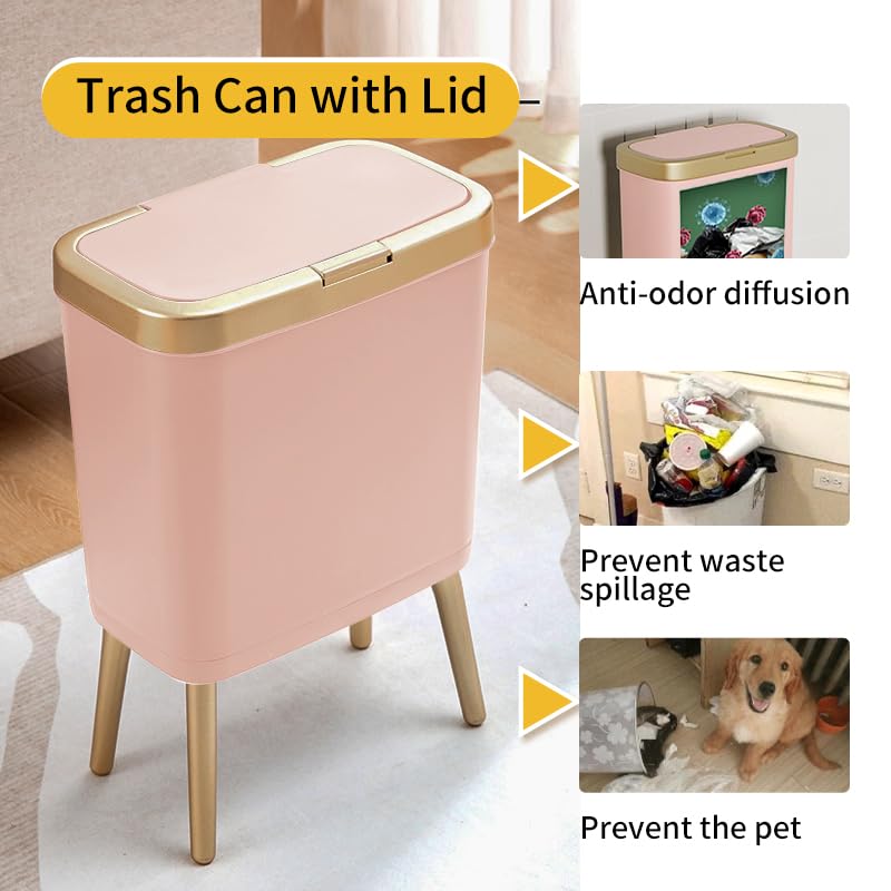 Procade Bathroom Trash Can with Lid,4 Gallon Gold and Pink Garbage Can,Slim