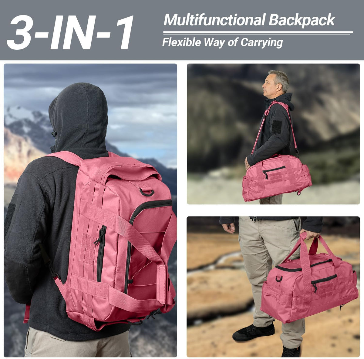 35L Large Duffle Bag, 3-in-1 Tactical Backpack MOLLE Pack for Sports/Gym/Outdoor, Pink