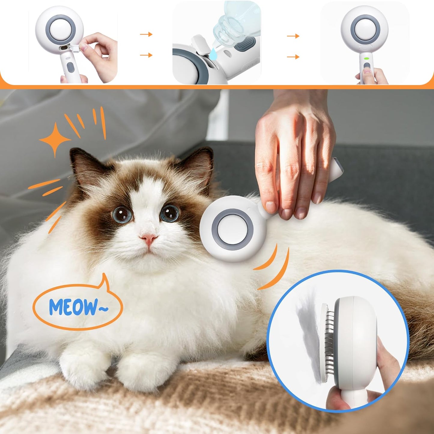 Cat Steam Brush, 3 in 1 Comb for Shedding, One-Click Hair Removal Brush with Steam, 2025 New Spray Pet Grooming Brushes for Dogs and Cats, Self Cleaning, IPX7 Waterproof (Pink)