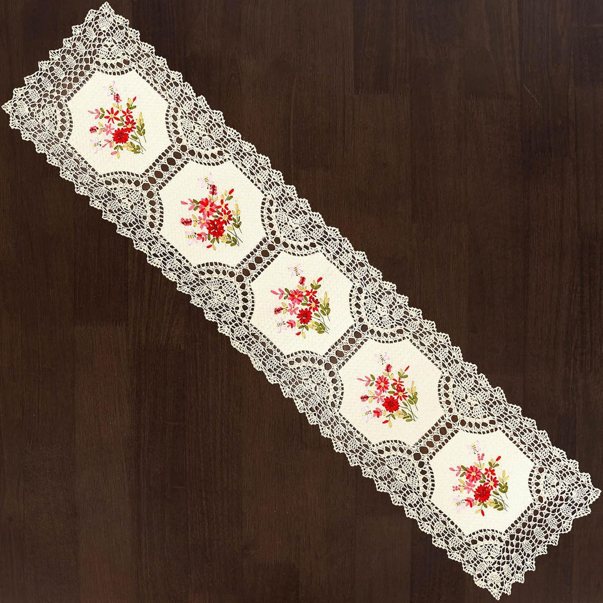 Handmade Crochet Table Runner with Floral Embroidery, Pink and Red (15 x 68 inches)