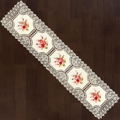 Handmade Crochet Table Runner with Floral Embroidery, Pink and Red (15 x 68 inches)