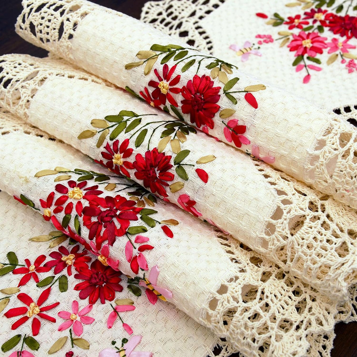 Handmade Crochet Table Runner with Floral Embroidery, Pink and Red (15 x 68 inches)