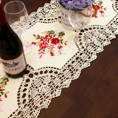 Handmade Crochet Table Runner with Floral Embroidery, Pink and Red (15 x 68 inches)
