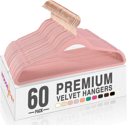 Pink Velvet Hangers 60 Pack, Premium Non-Slip Felt Clothes Hanger