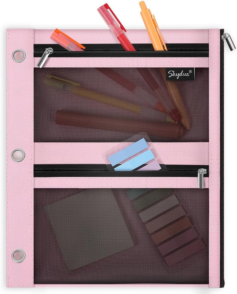 Pencil Pouch for 3 Ring Binder, 11"x9", 3 Pockets and Mesh Window