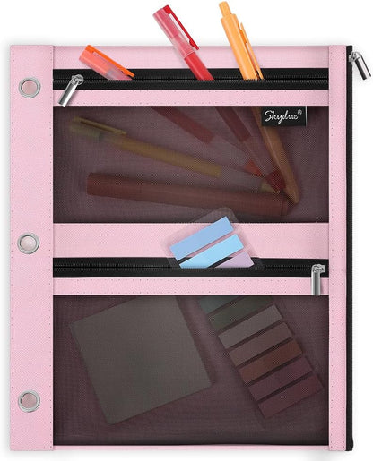 Pencil Pouch for 3 Ring Binder, 11"x9", 3 Pockets and Mesh Window