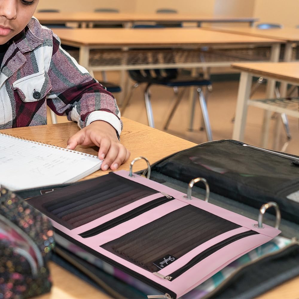 Pencil Pouch for 3 Ring Binder, 11"x9", 3 Pockets and Mesh Window