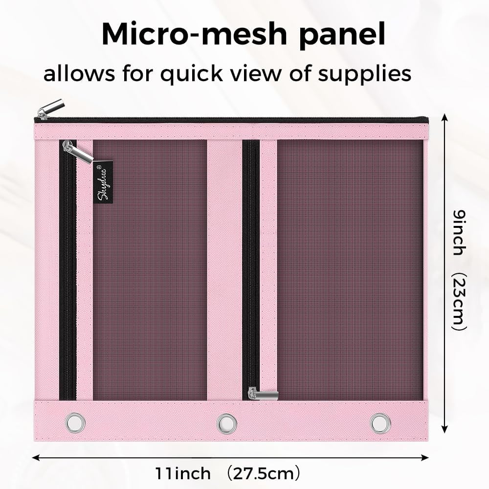 Pencil Pouch for 3 Ring Binder, 11"x9", 3 Pockets and Mesh Window