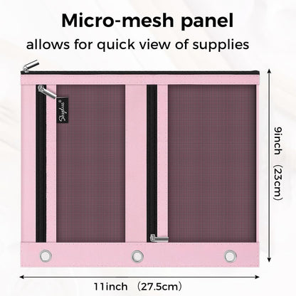 Pencil Pouch for 3 Ring Binder, 11"x9", 3 Pockets and Mesh Window