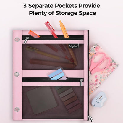 Pencil Pouch for 3 Ring Binder, 11"x9", 3 Pockets and Mesh Window