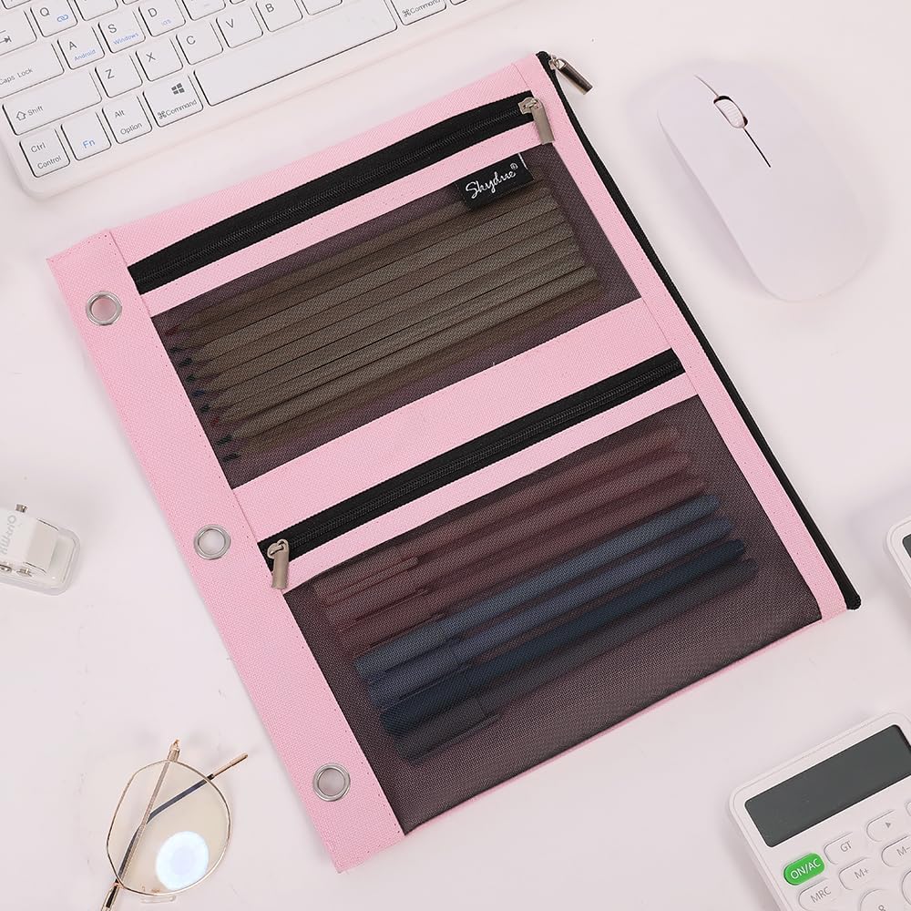 Pencil Pouch for 3 Ring Binder, 11"x9", 3 Pockets and Mesh Window