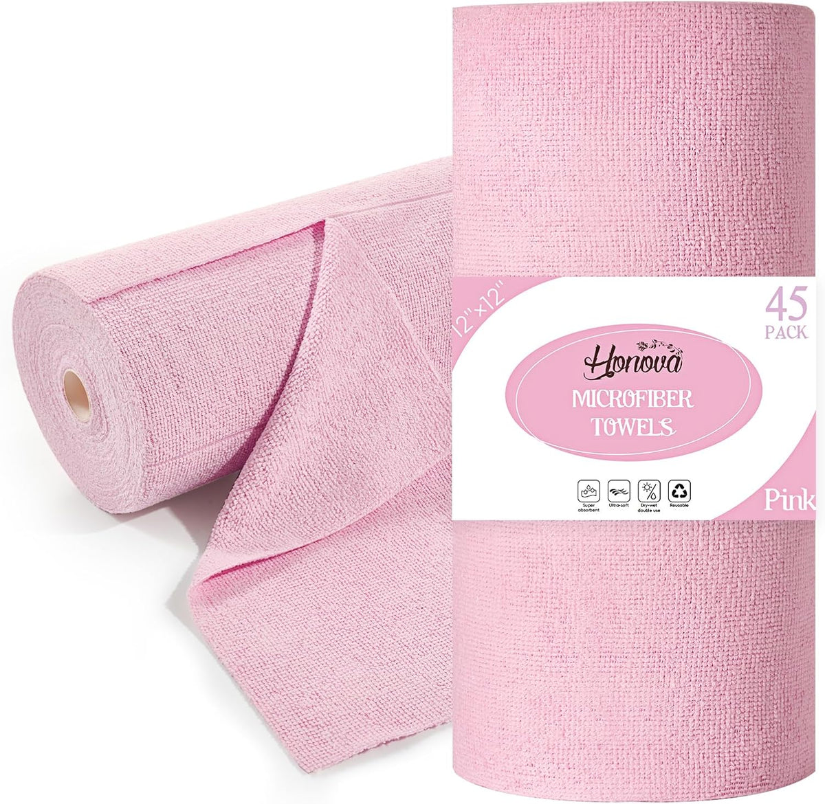 Microfiber Cleaning Cloth Roll 45 Pack, 12"×12", Reusable, Tear Away, Pink
