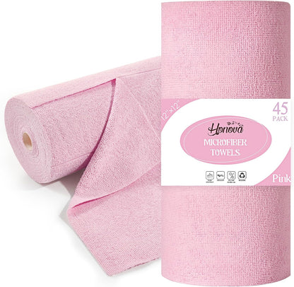 Microfiber Cleaning Cloth Roll 45 Pack, 12"×12", Reusable, Tear Away, Pink