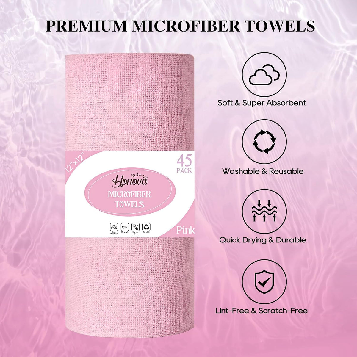 Microfiber Cleaning Cloth Roll 45 Pack, 12"×12", Reusable, Tear Away, Pink